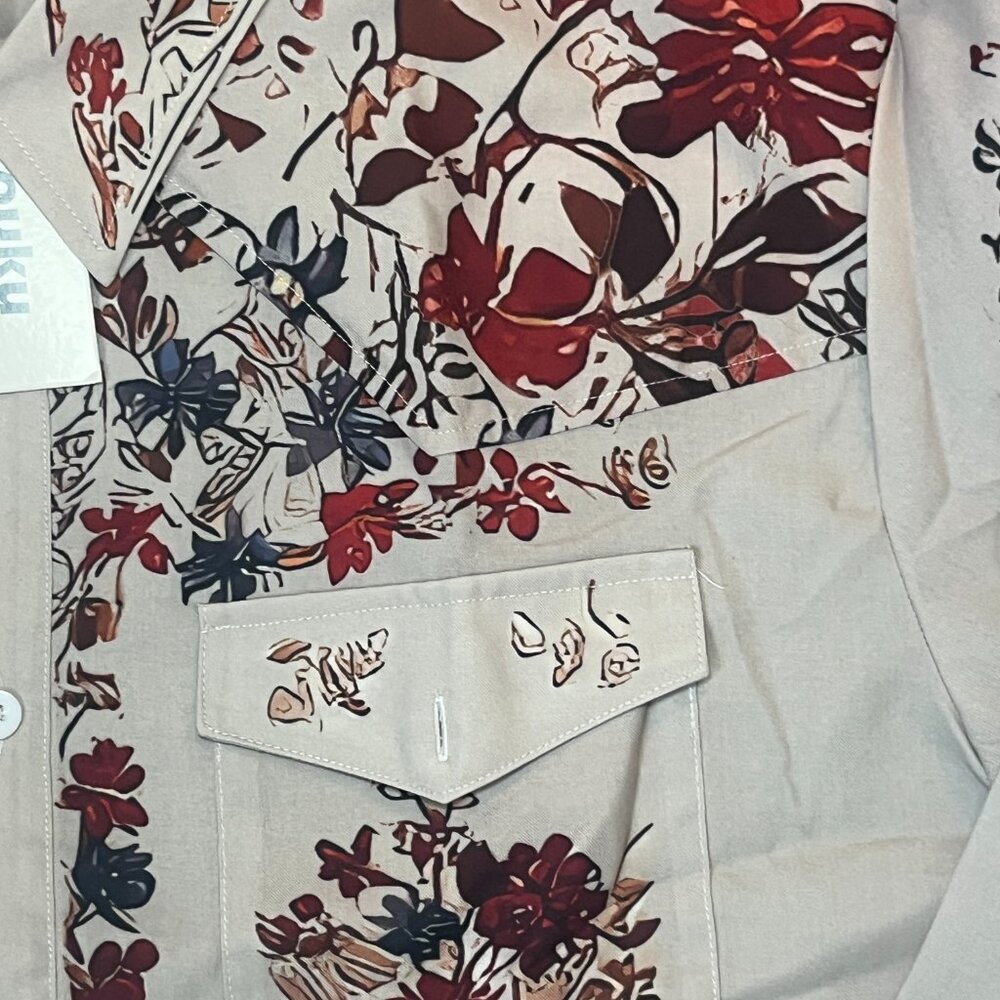 Men's Ouku Beige Floral Casual Button Down Shirt M - Picture 6 of 8